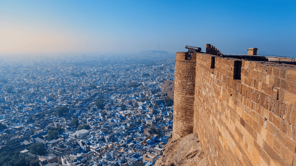 Aerial view of the Blue City of Jodhpur with Mehrangarh Fort